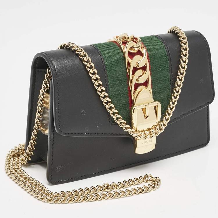 Pre Owned Gucci Black Leather Super Mini Sylvie Chain Shoulder Bag