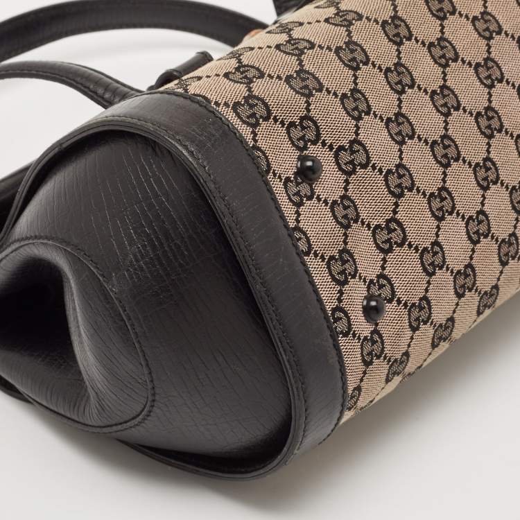 Pre Owned Gucci Black GG Canvas and Leather Bamboo Bullet Satchel