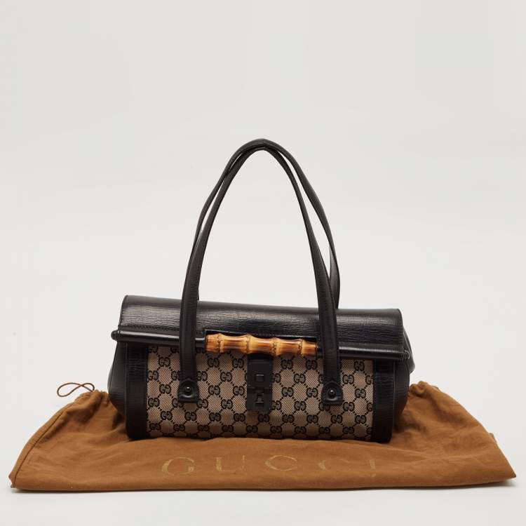 Pre Owned Gucci Black GG Canvas and Leather Bamboo Bullet Satchel