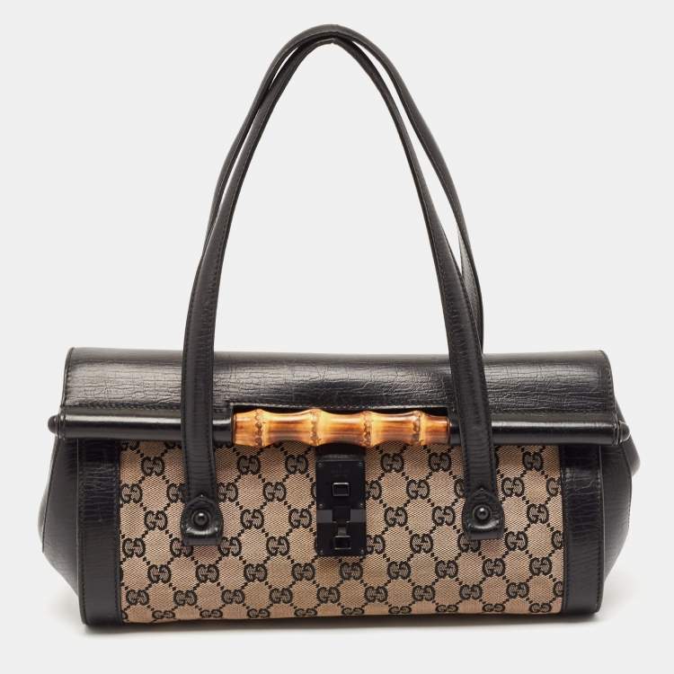 Pre Owned Gucci Black GG Canvas and Leather Bamboo Bullet Satchel