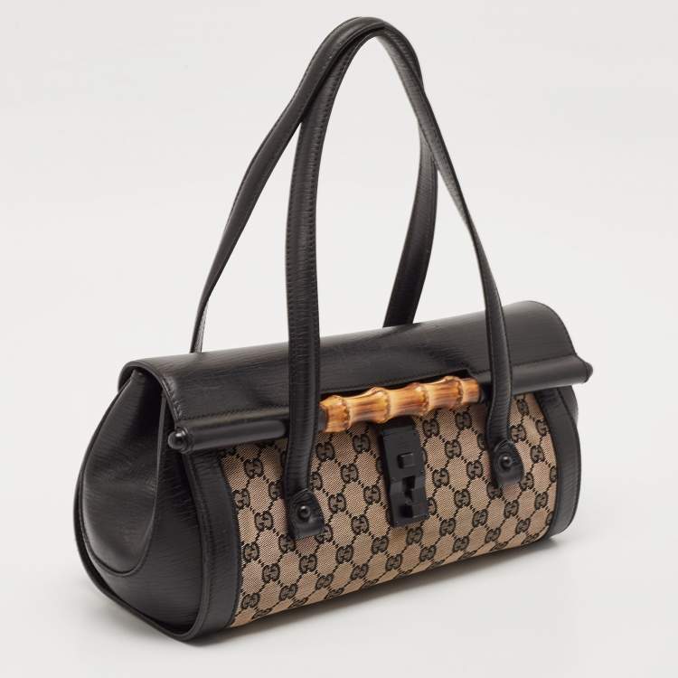 Pre Owned Gucci Black GG Canvas and Leather Bamboo Bullet Satchel