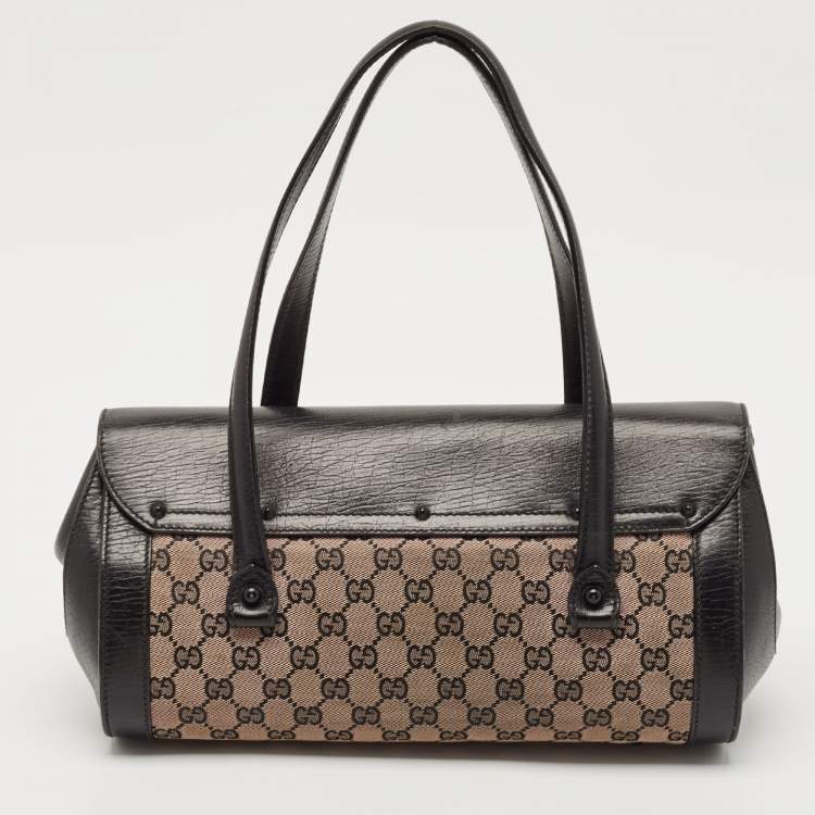 Pre Owned Gucci Black GG Canvas and Leather Bamboo Bullet Satchel