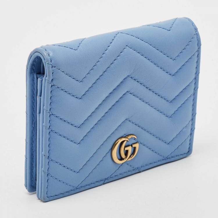 Pre Owned Gucci Blue Matelassé Leather GG Marmont Card Case