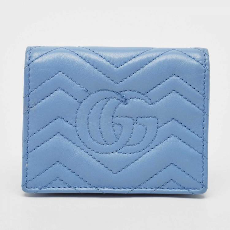 Pre Owned Gucci Blue Matelassé Leather GG Marmont Card Case