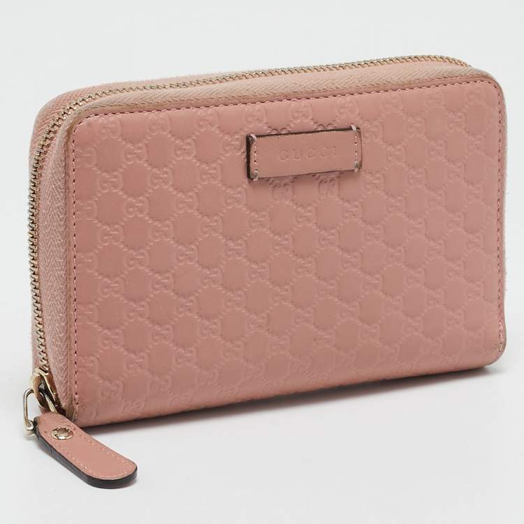 Pre Owned Gucci Dusty Pink Microguccissima Leather Zip Around Wallet
