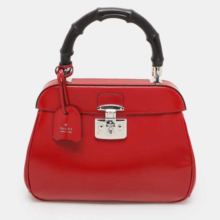 Pre Owned Gucci Red Patent Leather Lady Lock Bamboo Top Handle Bag