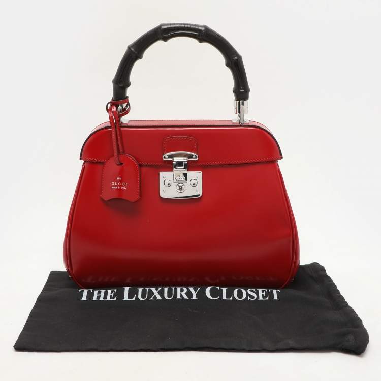 Pre Owned Gucci Red Patent Leather Lady Lock Bamboo Top Handle Bag