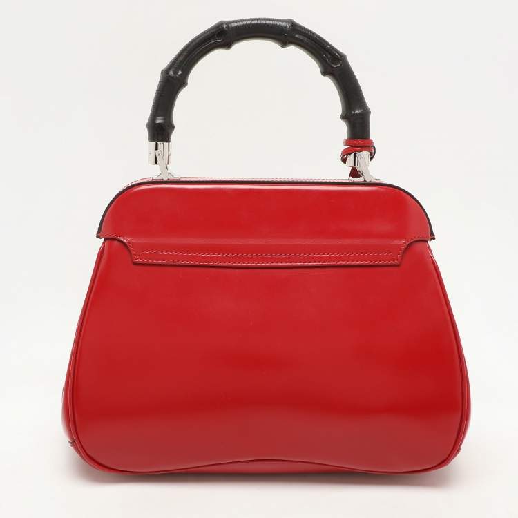 Pre Owned Gucci Red Patent Leather Lady Lock Bamboo Top Handle Bag