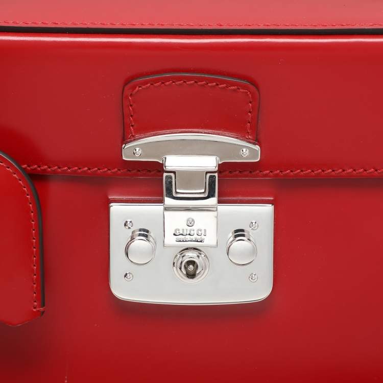 Pre Owned Gucci Red Patent Leather Lady Lock Bamboo Top Handle Bag