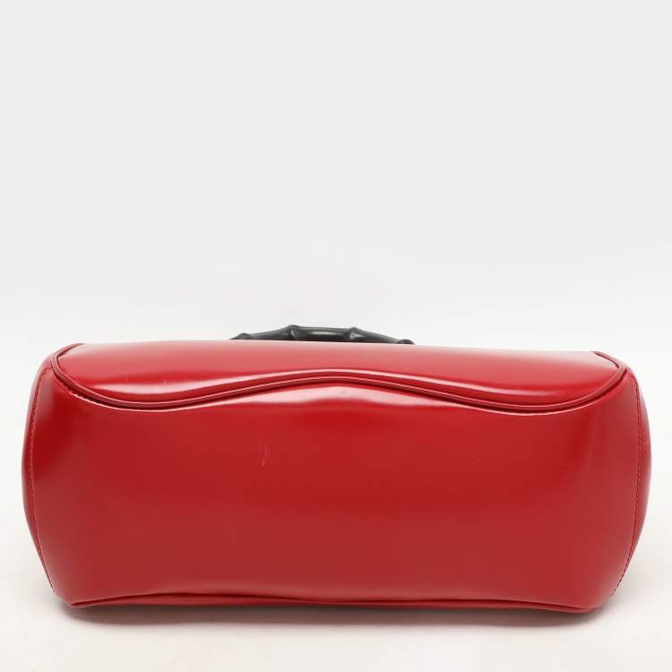 Pre Owned Gucci Red Patent Leather Lady Lock Bamboo Top Handle Bag