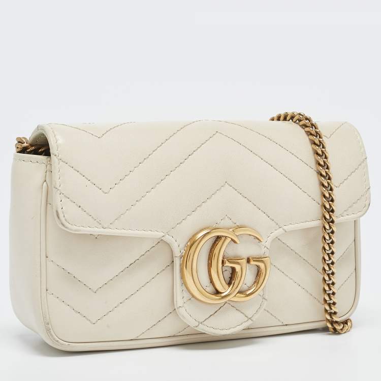 Pre Owned Gucci Off White Matelassé Leather Super Mini GG Marmont Shoulder Bag