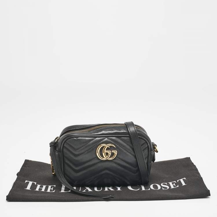 Pre Owned Gucci Black Matelassé Leather Mini GG Marmont Camera Bag