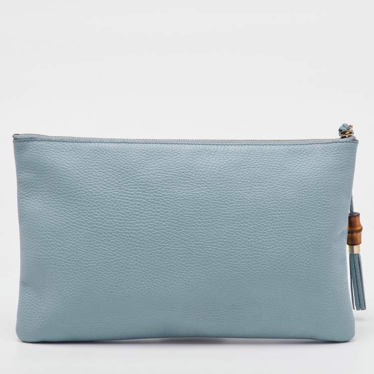 Pre Owned Gucci Light Blue Leather Bamboo Tassel Clutch