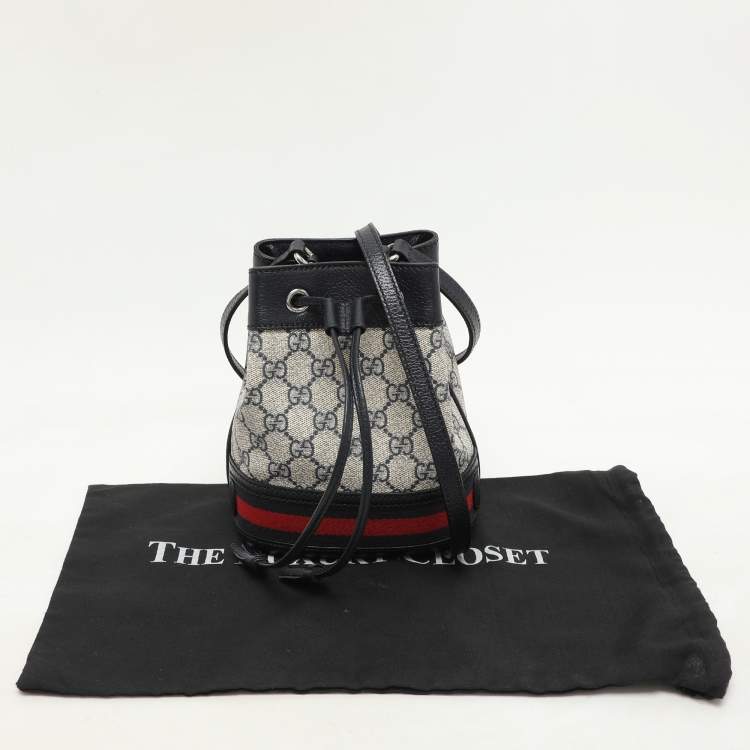 Pre Owned Gucci Blue/Beige GG Supreme Canvas and Leather Mini Ophidia Drawstring Bucket Bag