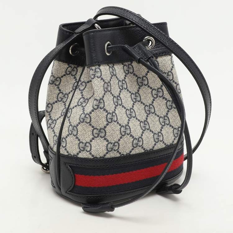 Pre Owned Gucci Blue/Beige GG Supreme Canvas and Leather Mini Ophidia Drawstring Bucket Bag