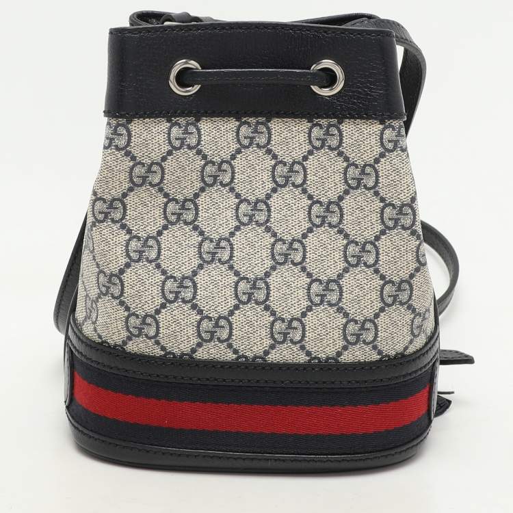 Pre Owned Gucci Blue/Beige GG Supreme Canvas and Leather Mini Ophidia Drawstring Bucket Bag