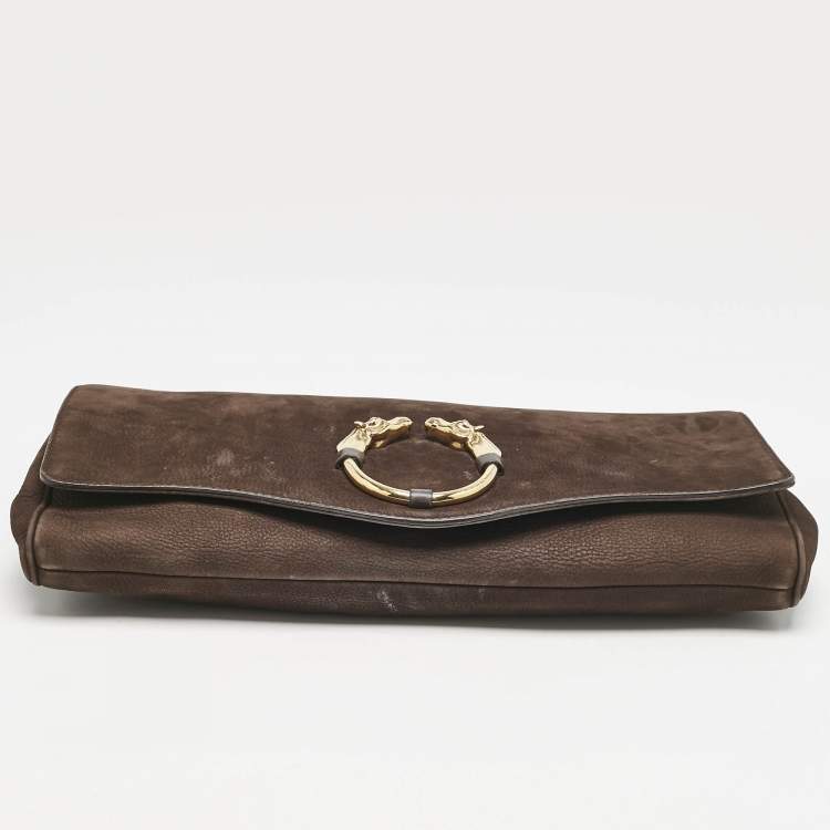 Pre Owned Gucci Dark Brown Nubuck Leather Ribot Horse Head Clutch