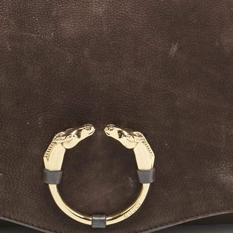 Pre Owned Gucci Dark Brown Nubuck Leather Ribot Horse Head Clutch