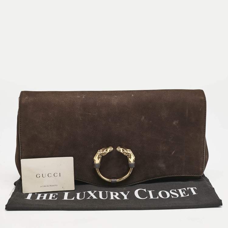 Pre Owned Gucci Dark Brown Nubuck Leather Ribot Horse Head Clutch
