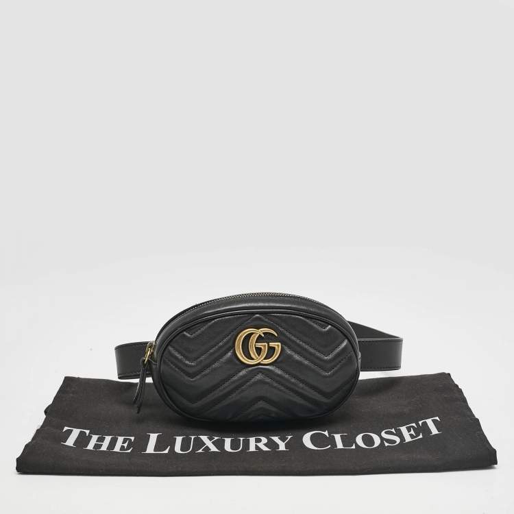 Pre Owned Gucci Black Matelassé Leather Mini GG Marmont Belt Bag