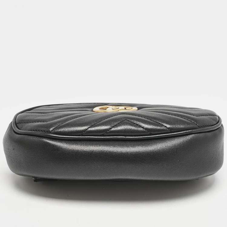 Pre Owned Gucci Black Matelassé Leather Mini GG Marmont Belt Bag