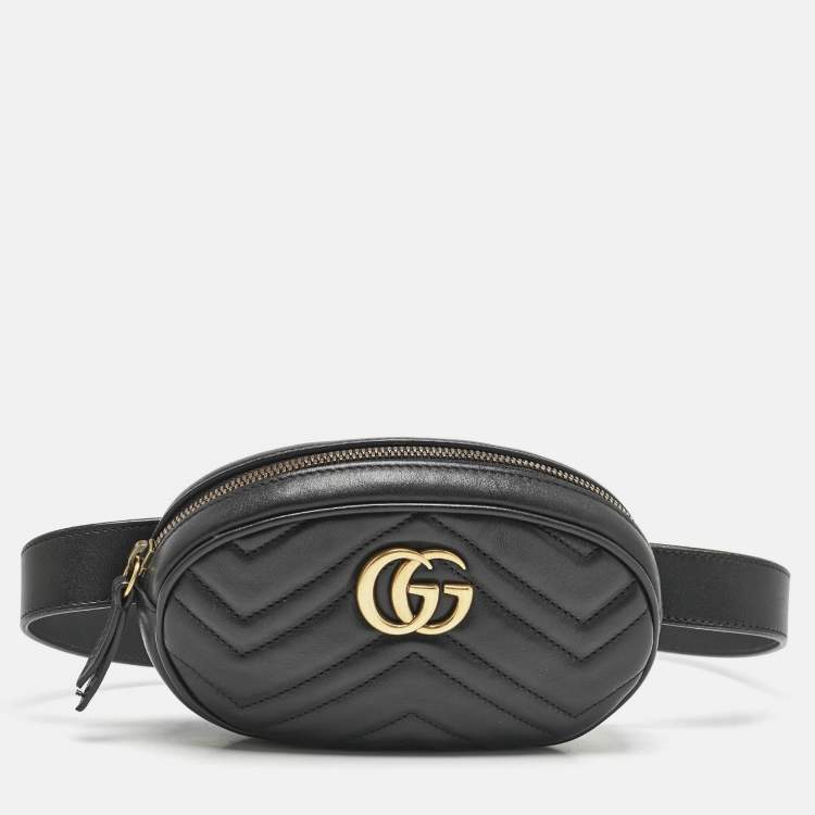 Pre Owned Gucci Black Matelassé Leather Mini GG Marmont Belt Bag