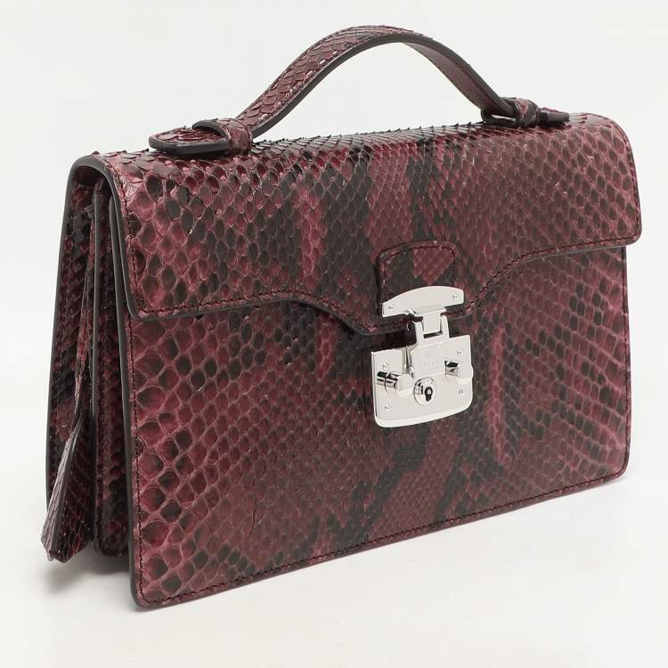 Pre Owned Gucci Burgundy Python Lady Lock Briefcase Clutch