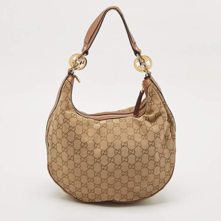Pre Owned Gucci Beige/Brown GG Canvas and Leather Medium GG Twins Hobo
