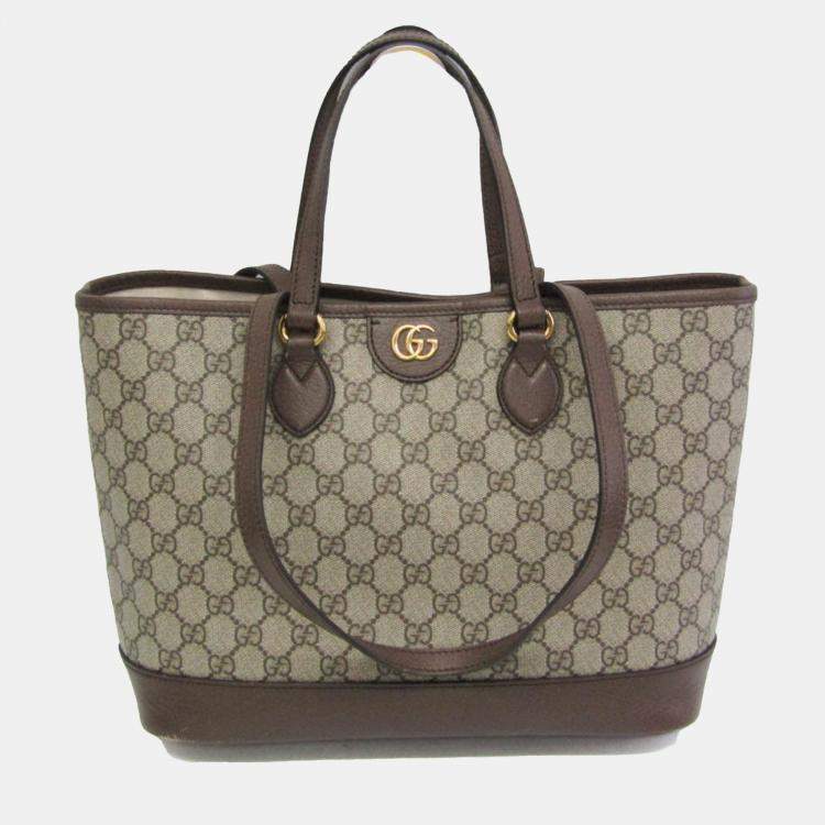 Pre Owned Gucci Beige GG Supreme Leather Double G Medium Tote Bag