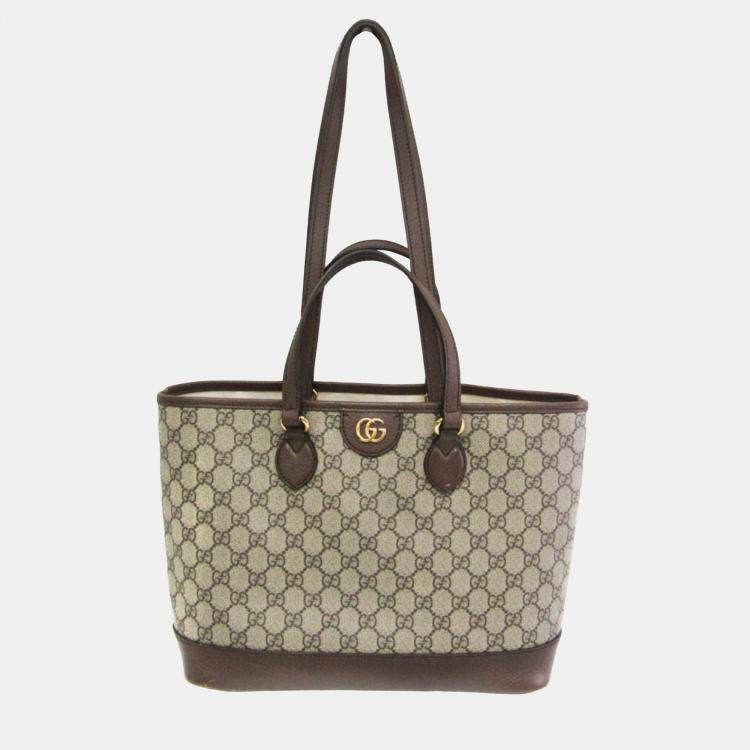 Pre Owned Gucci Beige GG Supreme Leather Double G Medium Tote Bag
