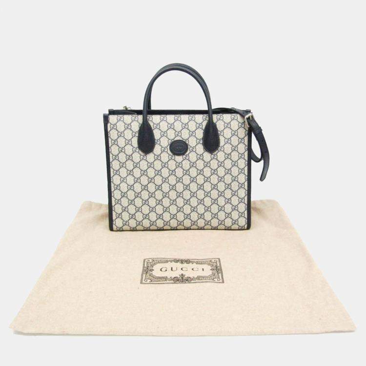 Pre Owned Gucci Beige Navy Leather Coated Canvas GG Shoulder Bag