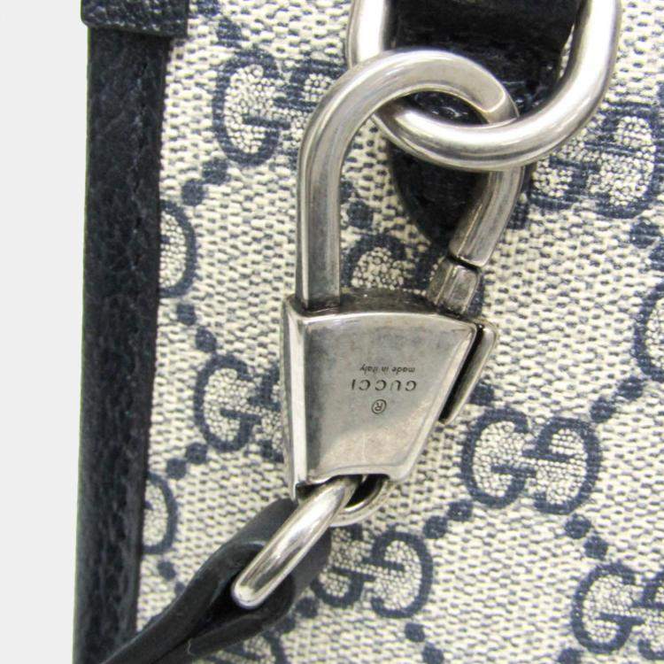 Pre Owned Gucci Beige Navy Leather Coated Canvas GG Shoulder Bag