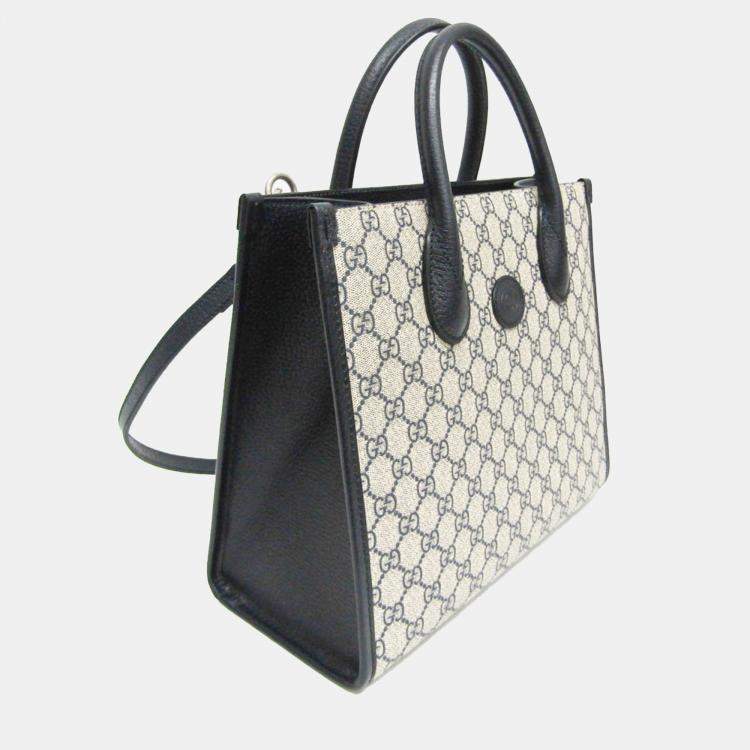 Pre Owned Gucci Beige Navy Leather Coated Canvas GG Shoulder Bag