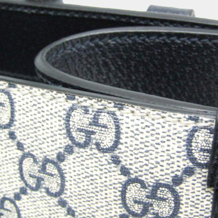 Pre Owned Gucci Beige Navy Leather Coated Canvas GG Shoulder Bag