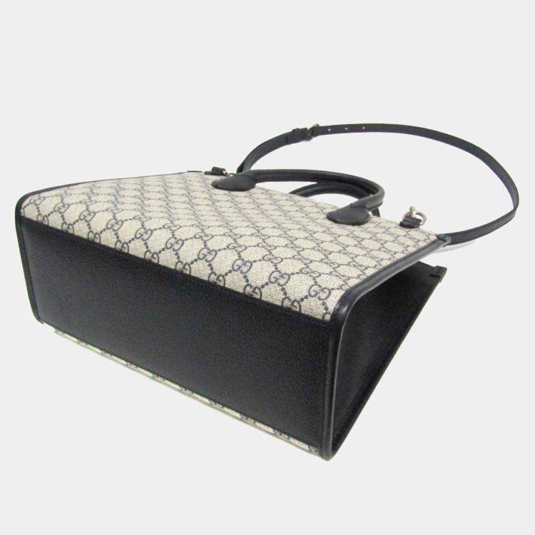 Pre Owned Gucci Beige Navy Leather Coated Canvas GG Shoulder Bag