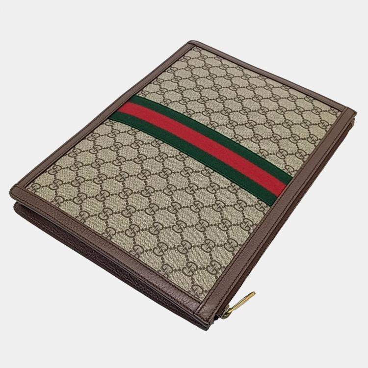 Pre Owned Gucci Beige Brown Canvas and Leather Supreme Portfolio Clutch