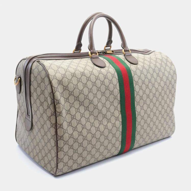 Pre Owned Gucci Beige Brown Coated Canvas Leather GG Supreme Sherry Boston Bag