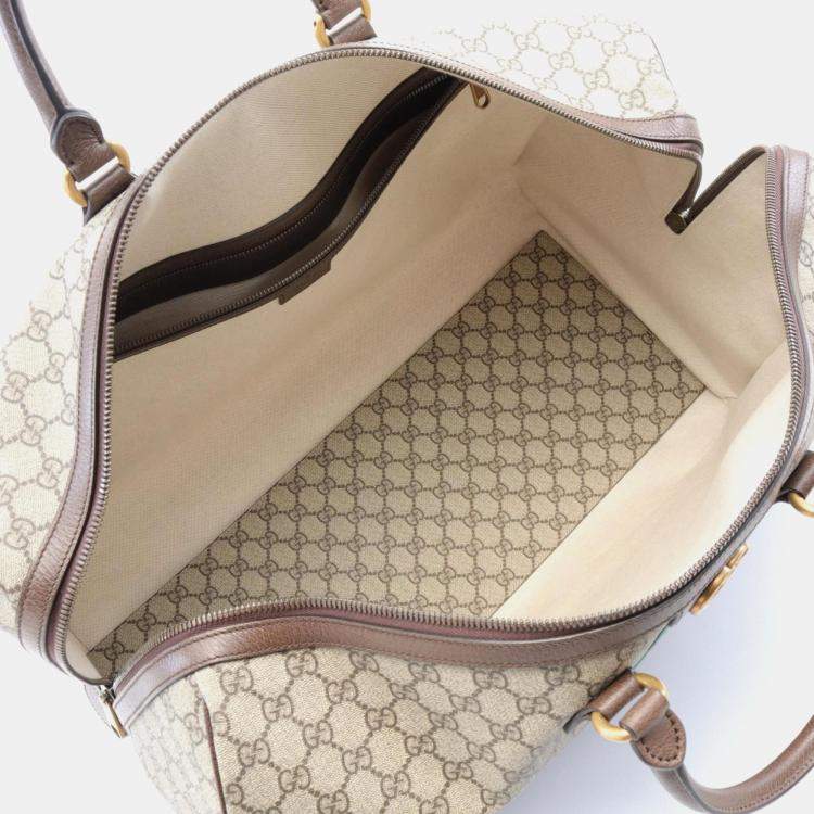 Pre Owned Gucci Beige Brown Coated Canvas Leather GG Supreme Sherry Boston Bag
