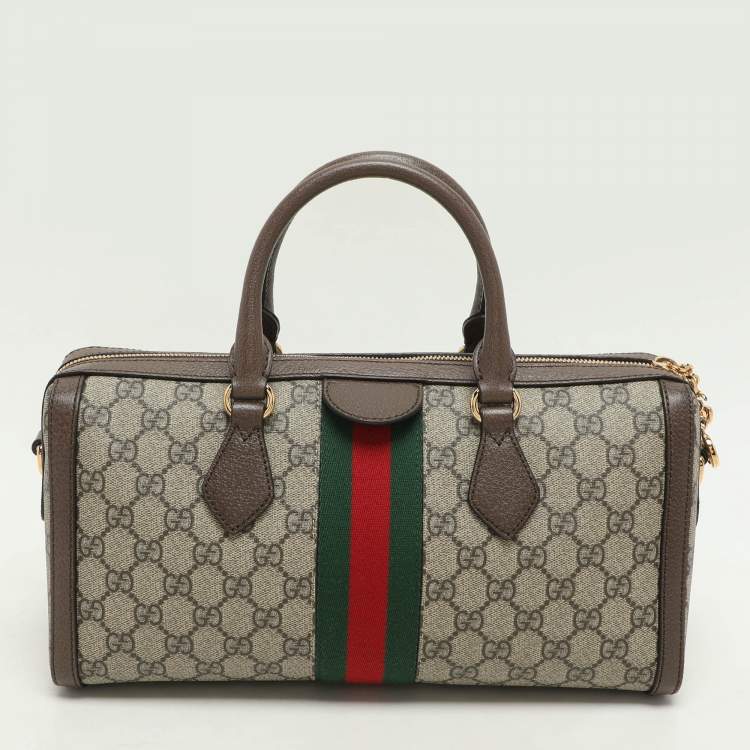 Pre Owned Gucci Beige/Brown GG Supreme Canvas and Leather Medium Ophidia Boston Bag