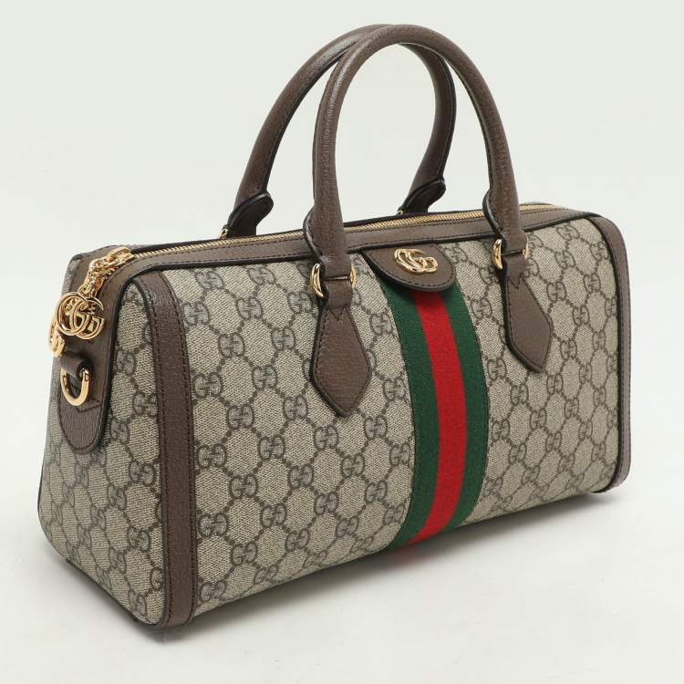 Pre Owned Gucci Beige/Brown GG Supreme Canvas and Leather Medium Ophidia Boston Bag