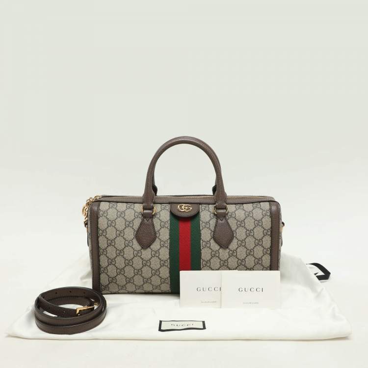 Pre Owned Gucci Beige/Brown GG Supreme Canvas and Leather Medium Ophidia Boston Bag