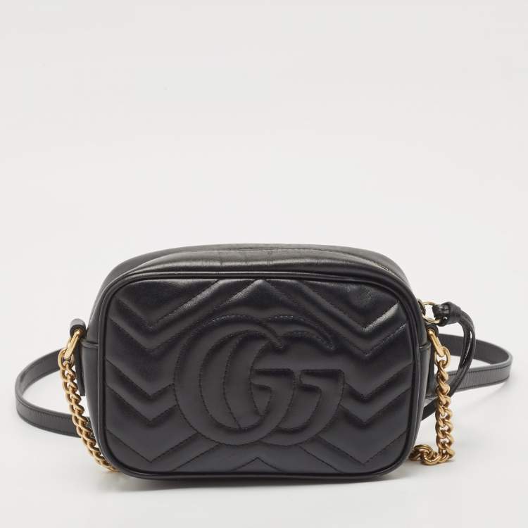 Pre Owned Gucci Black Matelassé Leather Mini GG Marmont Camera Bag