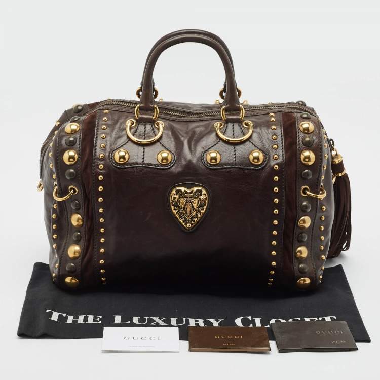 Pre Owned Gucci Dark Brown Suede and Leather Babouska Indy Boston Bag