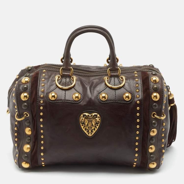 Pre Owned Gucci Dark Brown Suede and Leather Babouska Indy Boston Bag
