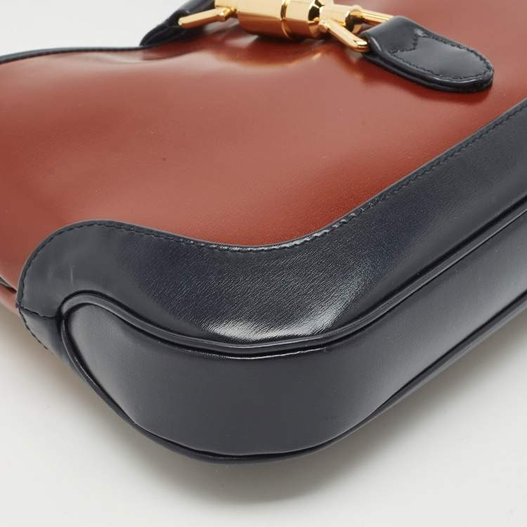 Pre Owned Gucci Brown/Navy Blue Glazed Leather Small Jackie 1961 Hobo