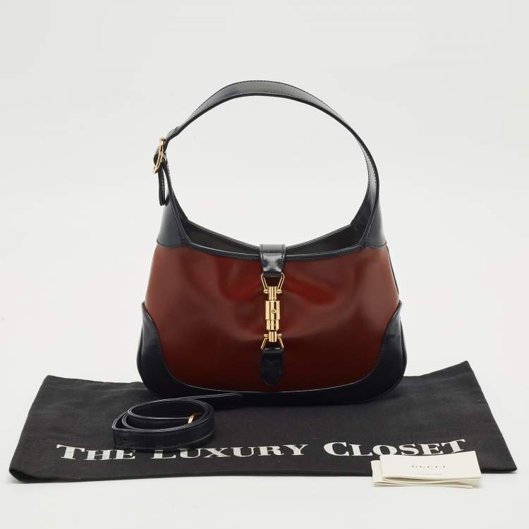 Pre Owned Gucci Brown/Navy Blue Glazed Leather Small Jackie 1961 Hobo