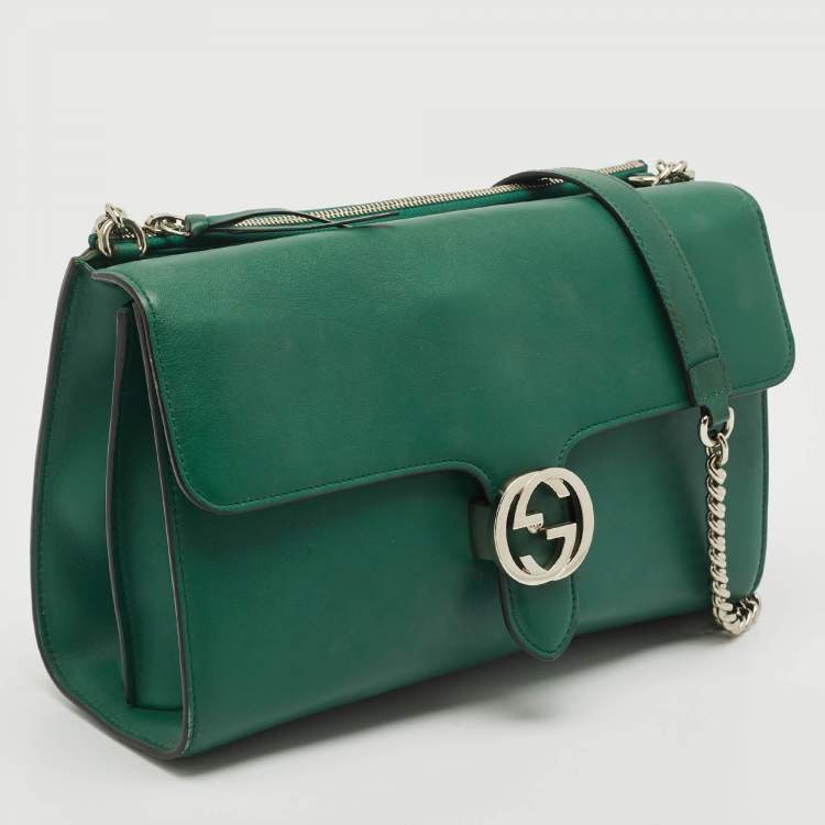 Pre Owned Gucci Green Leather Medium Interlocking G Shoulder Bag