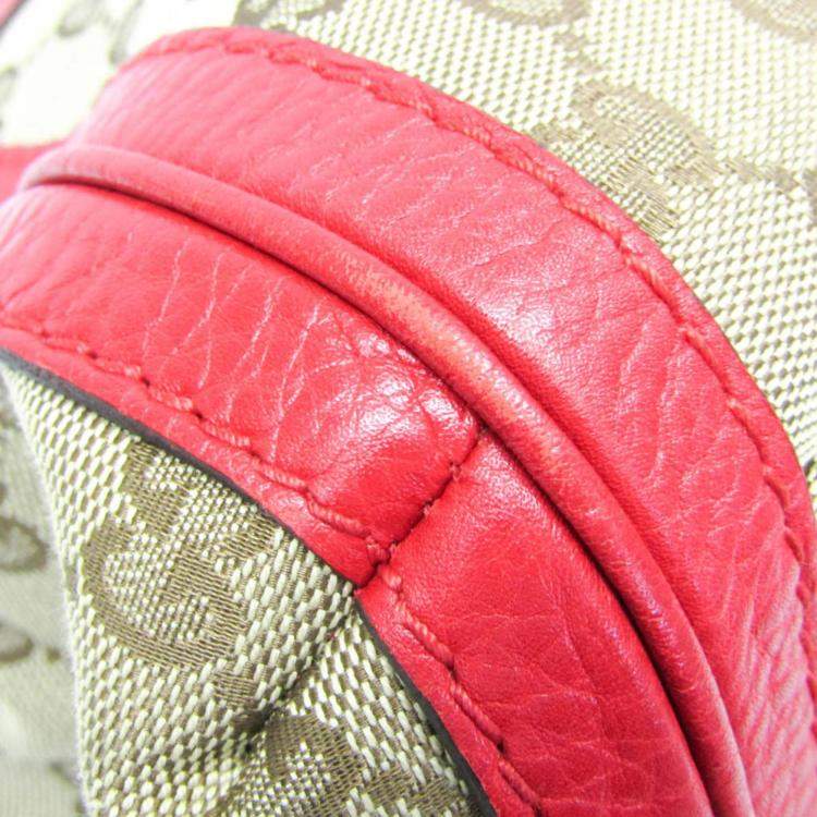 Pre Owned Gucci Beige and Red GG Canvas Leather Shoulder Bag