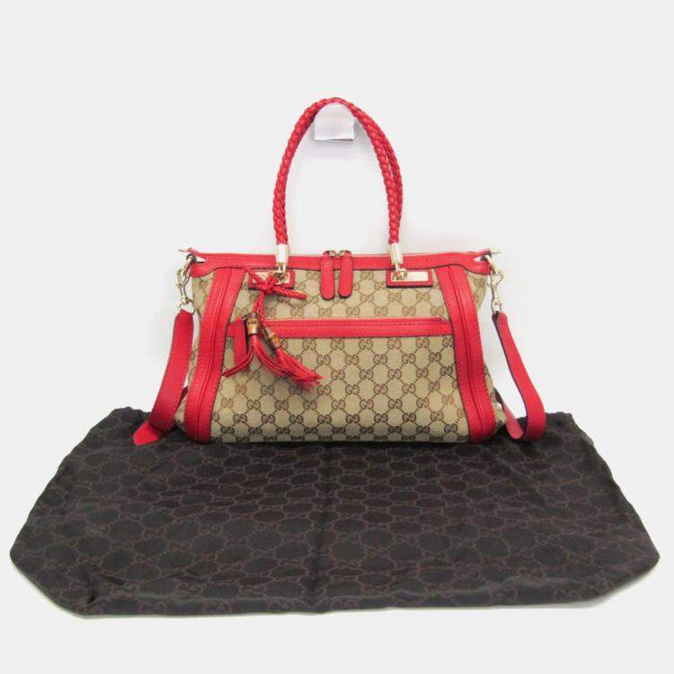 Pre Owned Gucci Beige and Red GG Canvas Leather Shoulder Bag
