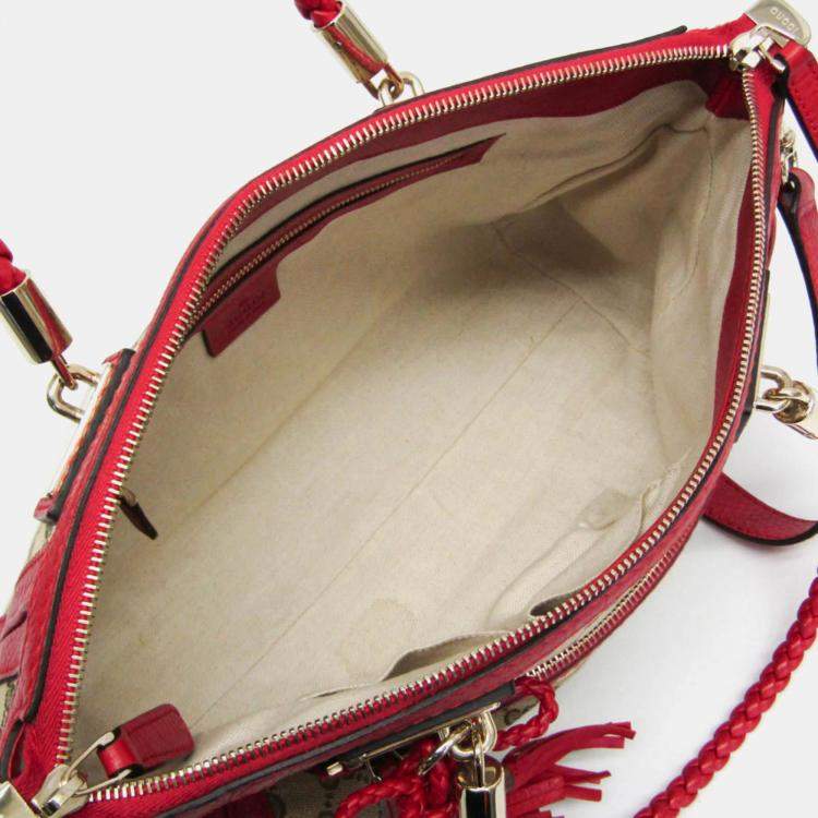 Pre Owned Gucci Beige and Red GG Canvas Leather Shoulder Bag